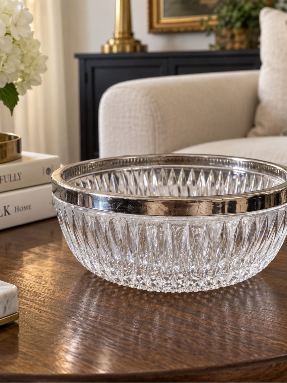 Crystal Glass Serving Bowl with Silver Rim - Clear